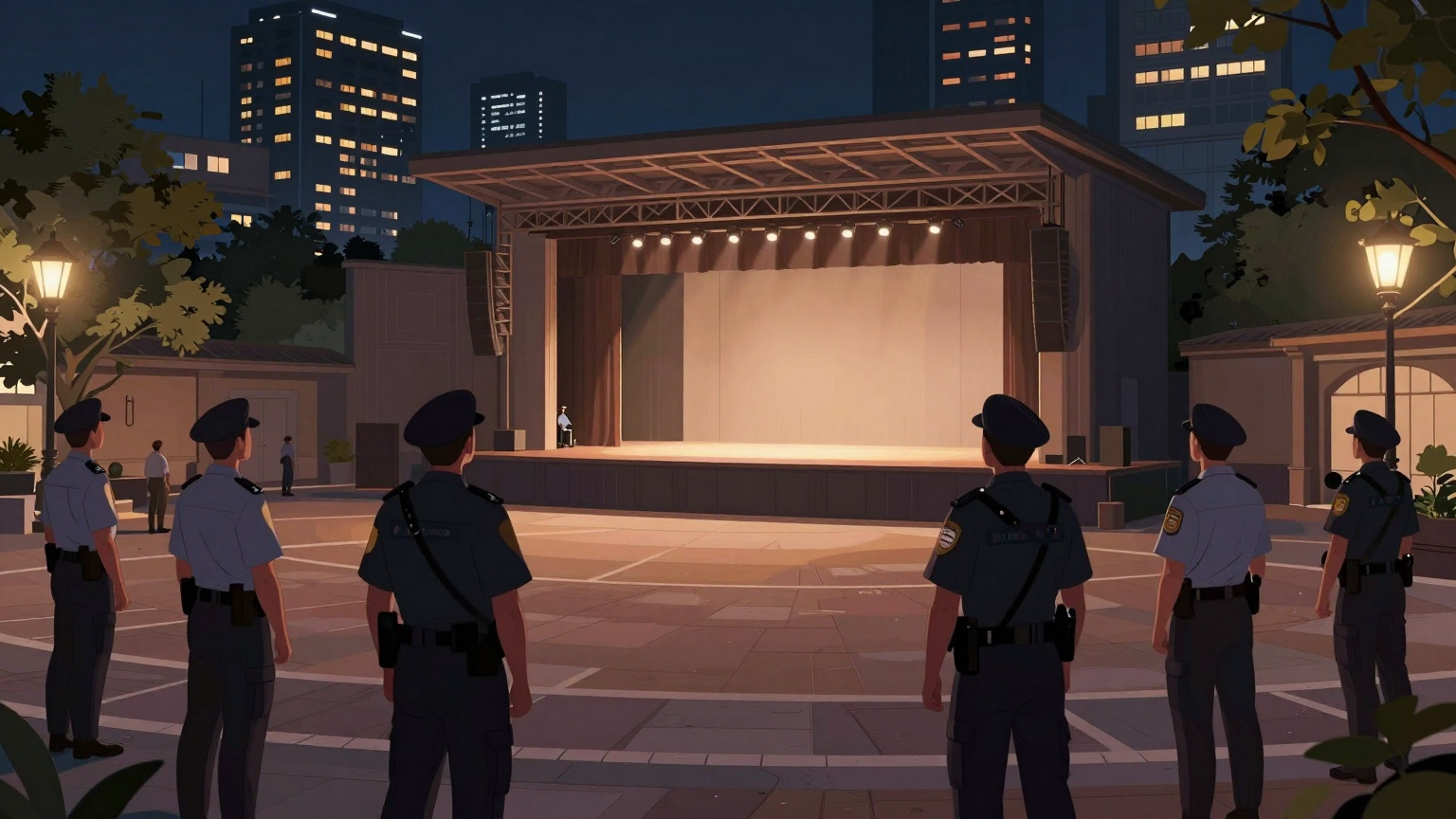 A bustling city square at night, under the glow of soft lamplight, where uniformed figures blend into the shadows, watching over an empty stage set for a grand performance, hinting at unseen scrutiny and watchful eyes. (AI illustration)