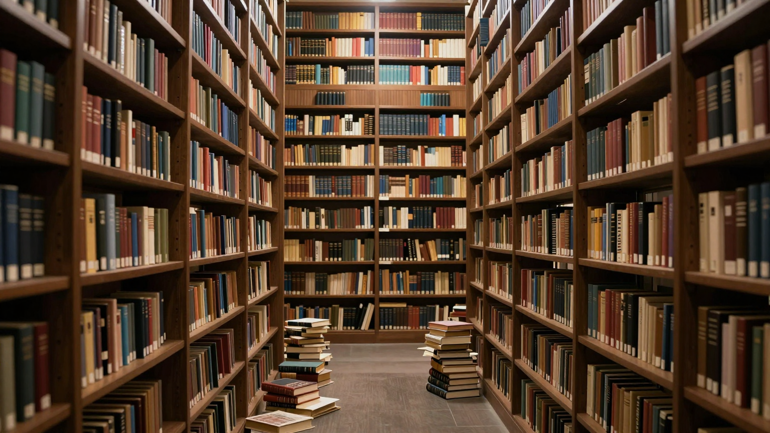 A vast library filled with empty bookshelves and scattered (AI illustration)