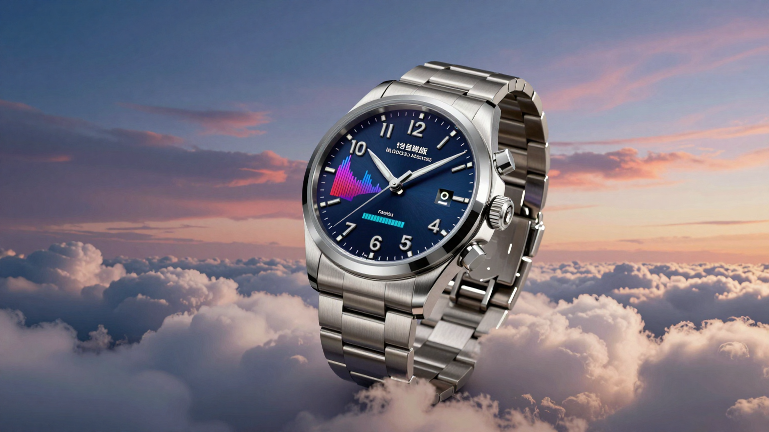 A sleek, silver watch rests on a bed of fluffy clouds, its face glowing with vibrant health data charts, floating against a sky painted with swirling gradients of success and affordability. (AI illustration)