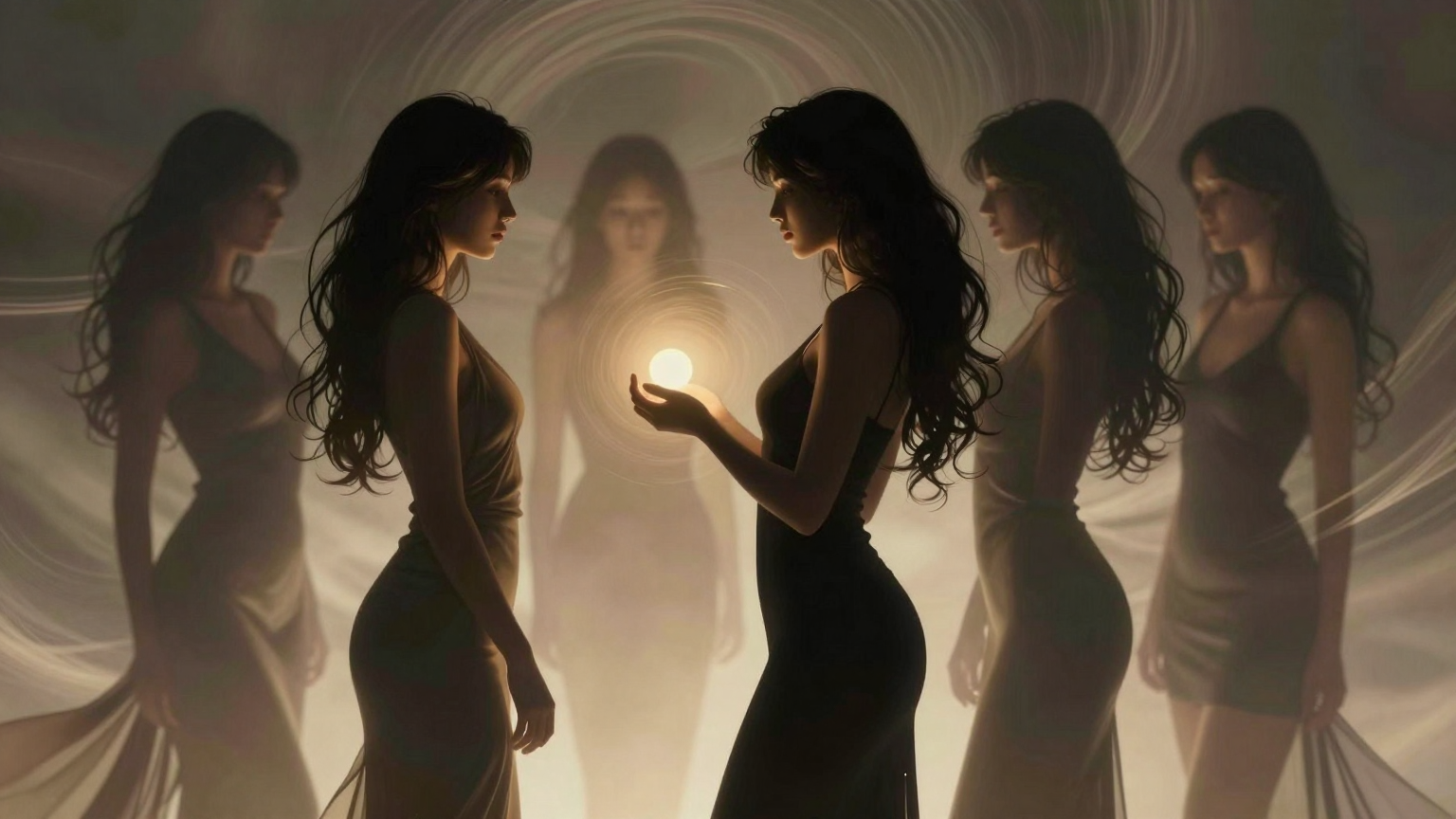 A group of elegant, intertwined feminine silhouettes stand against a backdrop of swirling, indistinct whispers, with one silhouette partially obscured, holding a small, enigmatic light that casts a warm glow on the others. (AI illustration)