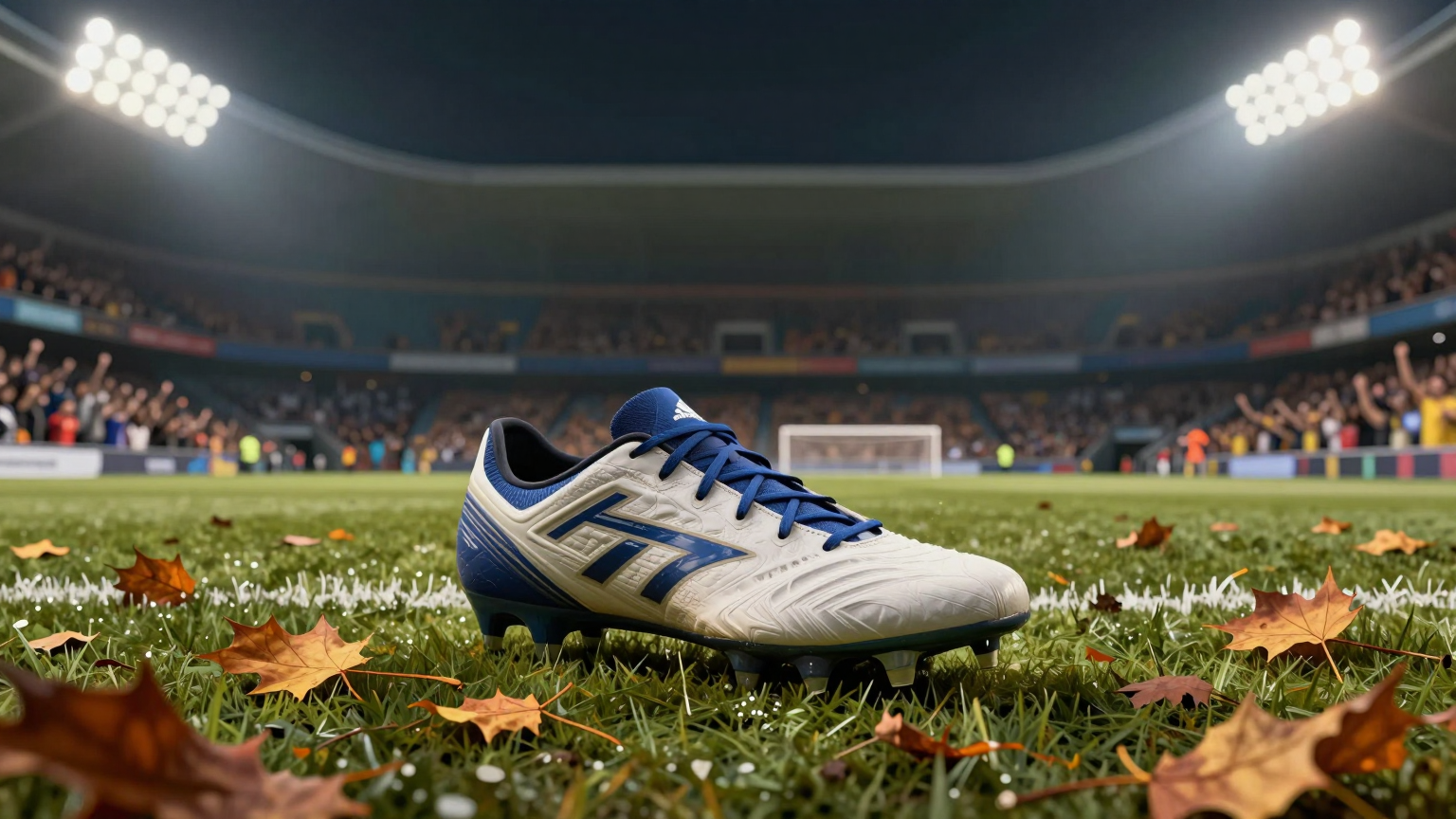 A solitary football cleat sits forlornly on the empty pitch under the floodlights, surrounded by swirling autumn leaves, as the stadium echoes with distant cheers. (AI illustration)