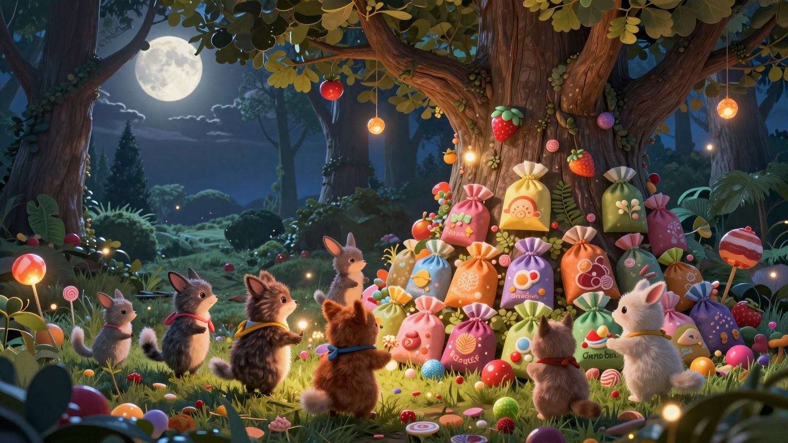 A whimsical forest glows with luminous sweets and fruits, where costumed animal friends gather around a grand tree trunk piled high with colorful candy bags, under a moonlit sky. (AI illustration)