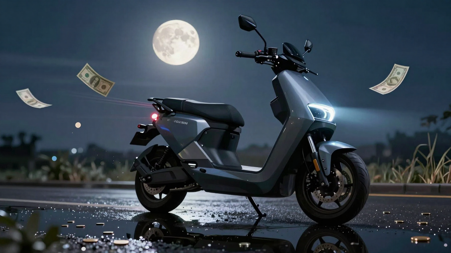 A lone, sleek electric motorcycle gleams under the moonlight, its silhouette reflected in a puddle, surrounded by scattered coins and bills swirling away in the wind. (AI illustration)