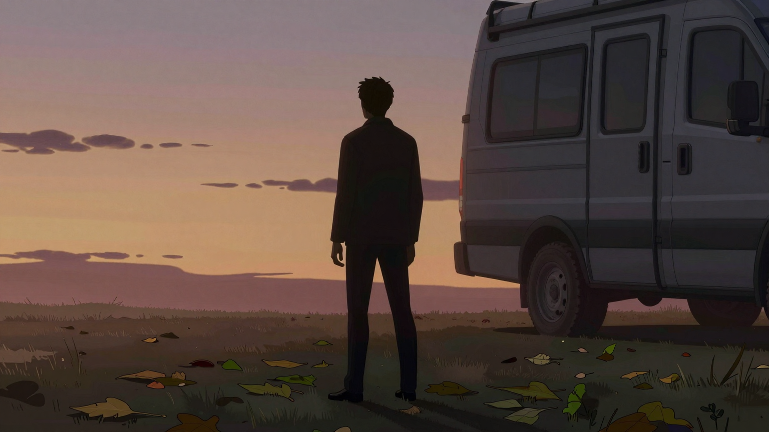 A lone figure stands silhouetted against the evening sky, surrounded by swirling leaves, while in the background, a vehicle with closed doors casts a long shadow, hinting at the solitude and impact of the event. (AI illustration)