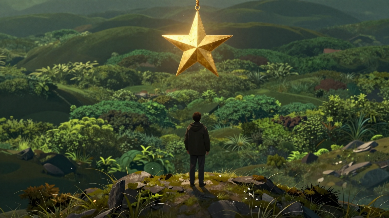 A lone figure stands on a windswept hill, gazing at a golden star hanging just out of reach above a sea of green, symbolizing the pride and wonder at newfound accolades and honors. (AI illustration)