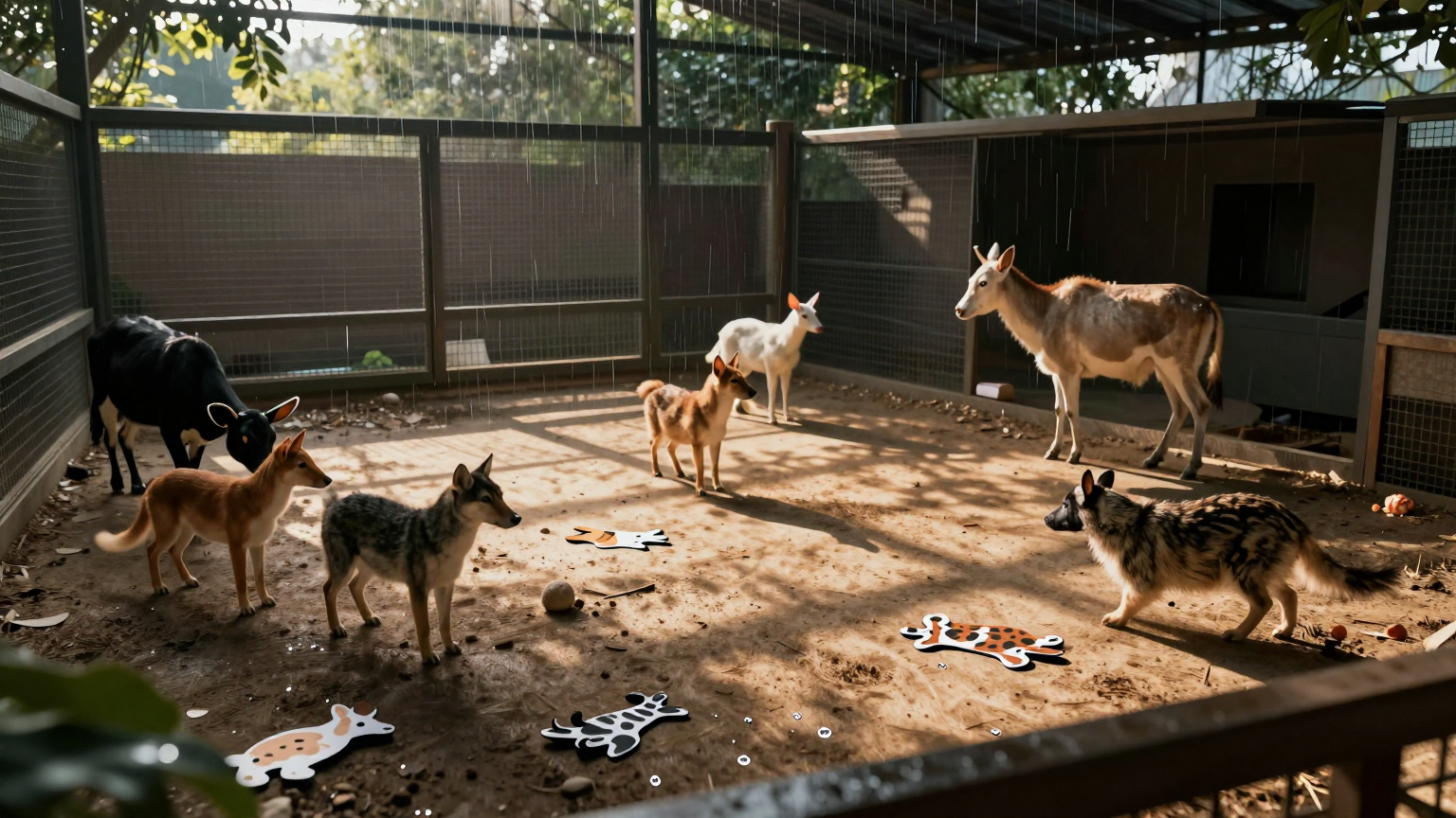 A cozy petting zoo enclosure, shadows cast by evening light, with scattered animal prints and droplets suggesting recent rain, hinting at hidden dangers lurking among the playful animals. (AI illustration)