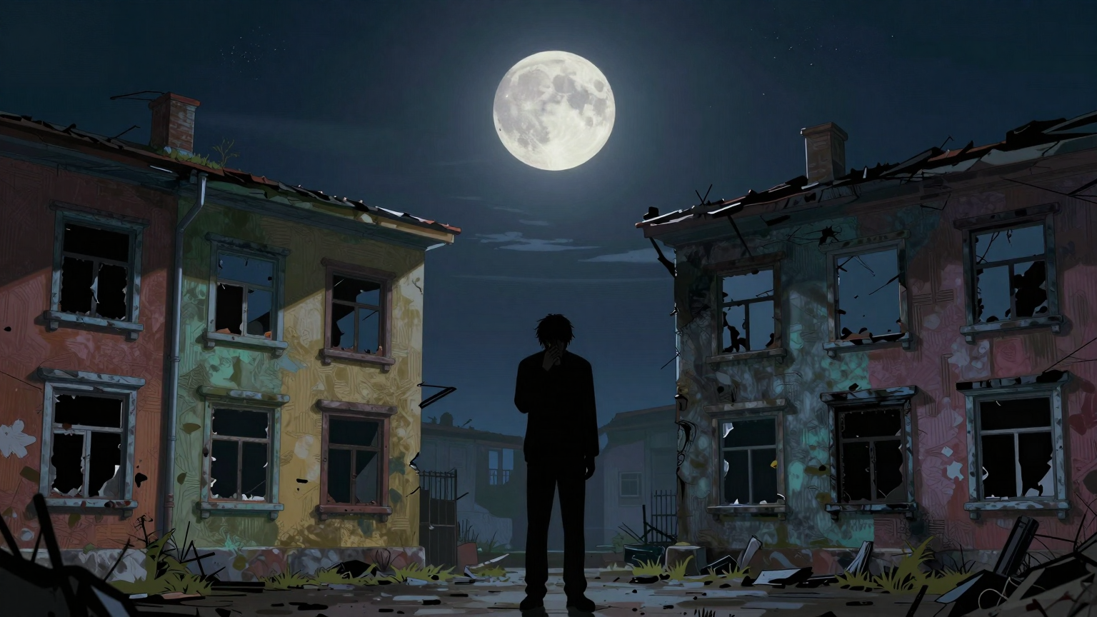 A silhouette of a sorrowful figure stands alone under a moonlit sky, surrounded by the empty, charred frames of windows from a row of buildings, their once vibrant lives now silent and still. (AI illustration)