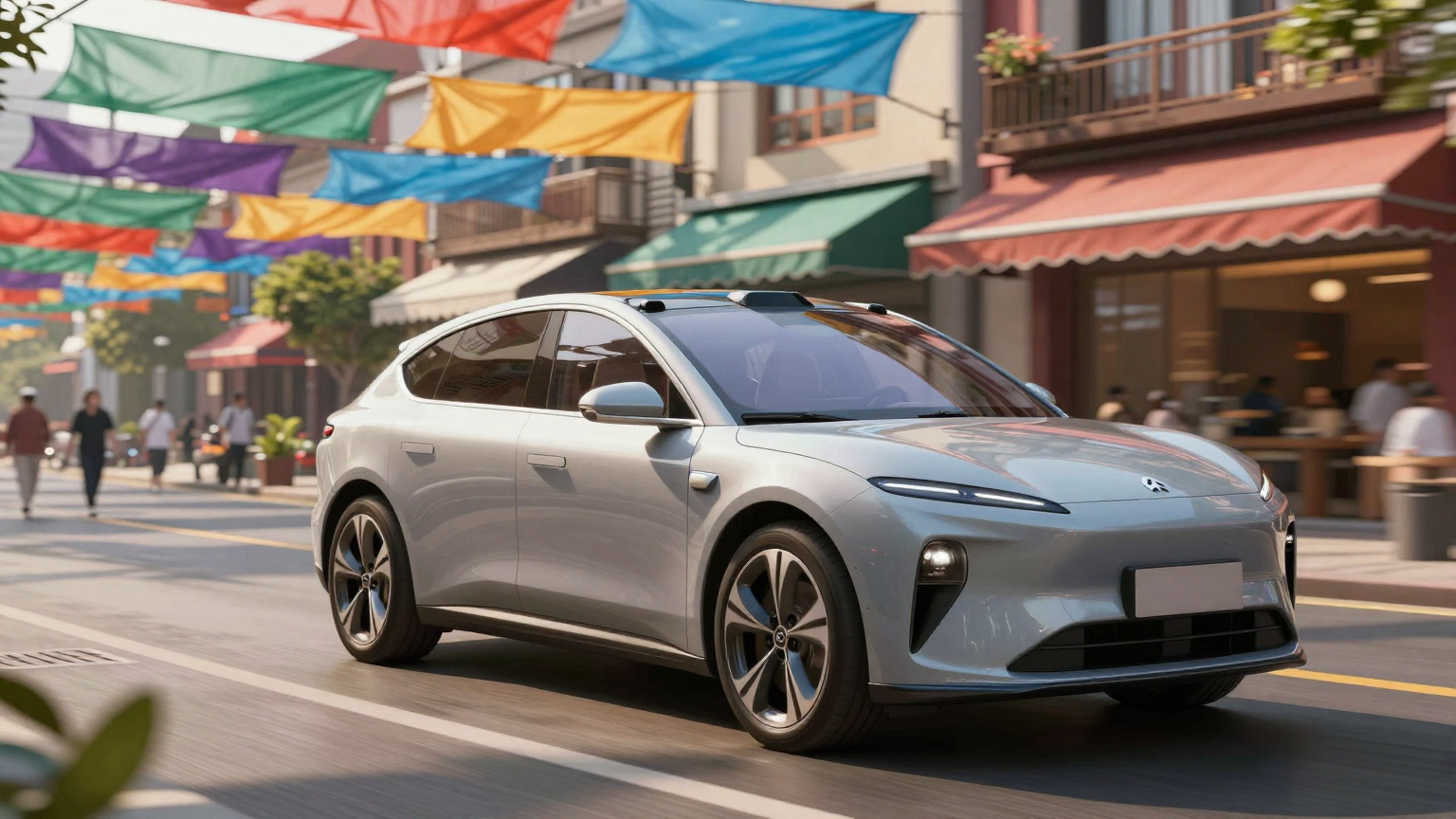 A sleek electric SUV glides gracefully over vibrant, bustling streets adorned with colorful fabric awnings, reflecting the fusion of modern technology and lively urban culture. (AI illustration)
