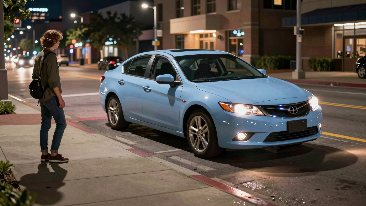 An ice-blue sedan veers sharply, casting a shadow over a lone figure on the sidewalk, as city lights reflect the tension between them in Houston's night. (AI illustration)