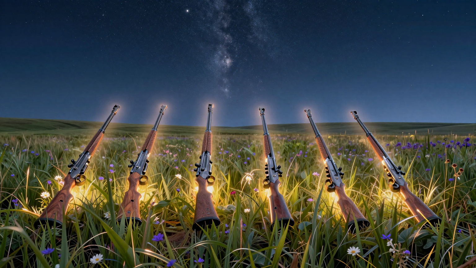 A vast meadow under starlit skies, six gleaming firearms lie side by side, each surrounded by a halo of softly glowing light, as if waiting to be chosen by the people of Idaho. (AI illustration)