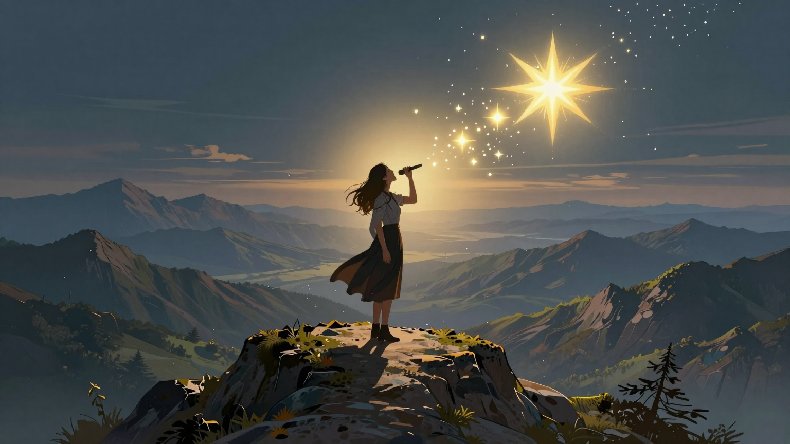 A lone singer stands on a mountain peak, her voice echoing through the valleys below, while in the distance, a radiant star begins to twinkle more brightly, symbolizing hope and healing. (AI illustration)