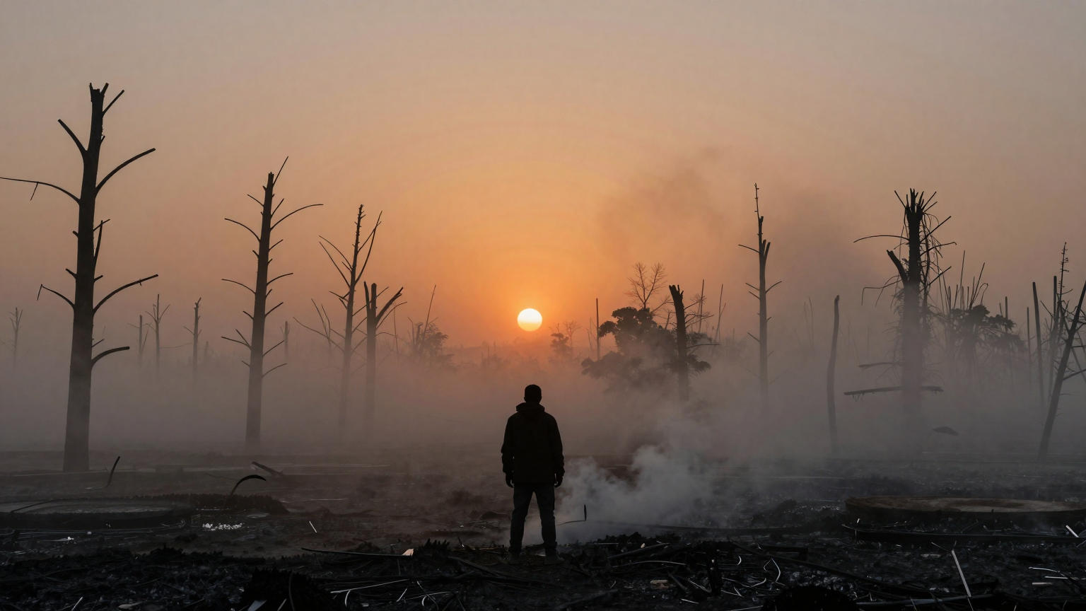 A silhouetted figure stands alone against an orange and grey sky, surrounded by a dense fog of smoke that blots out the horizon, trees charred and barren stretching towards a lifeless, hazy sun. (AI illustration)