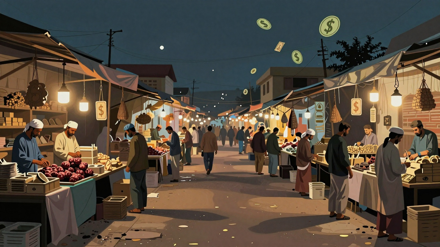 A bustling bazaar stands empty under a dimming sky, its once vibrant colors now muted, as merchants gaze somberly at their nearly bare shelves, surrounded by floating symbols of currency and trade. (AI illustration)