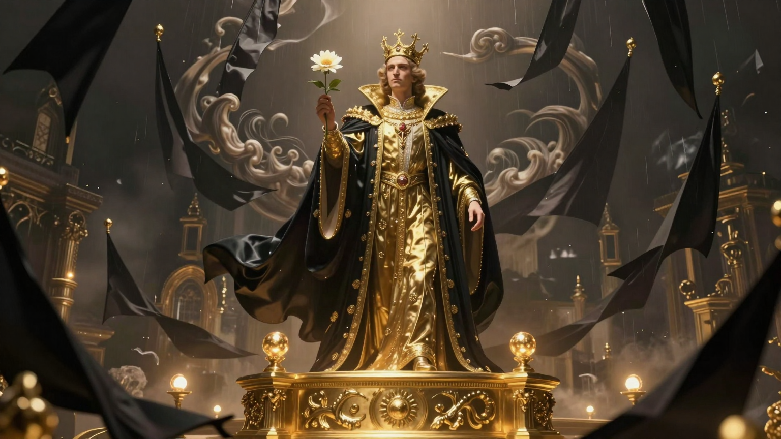 A regal figure stands resolute atop a golden dais, surrounded by swirling shadows and glowing orbs, holding a delicate yet unyielding flower amidst a storm of fluttering black pennants. (AI illustration)