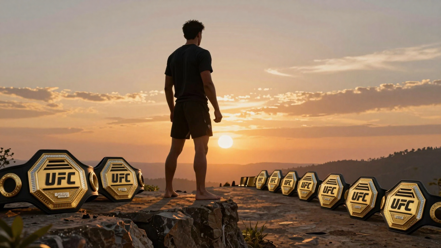 A martial artist stands silhouetted against a sunset, one foot on the edge of a cliff, gazing back at a path lined with golden UFC title belts fading into the distance. (AI illustration)