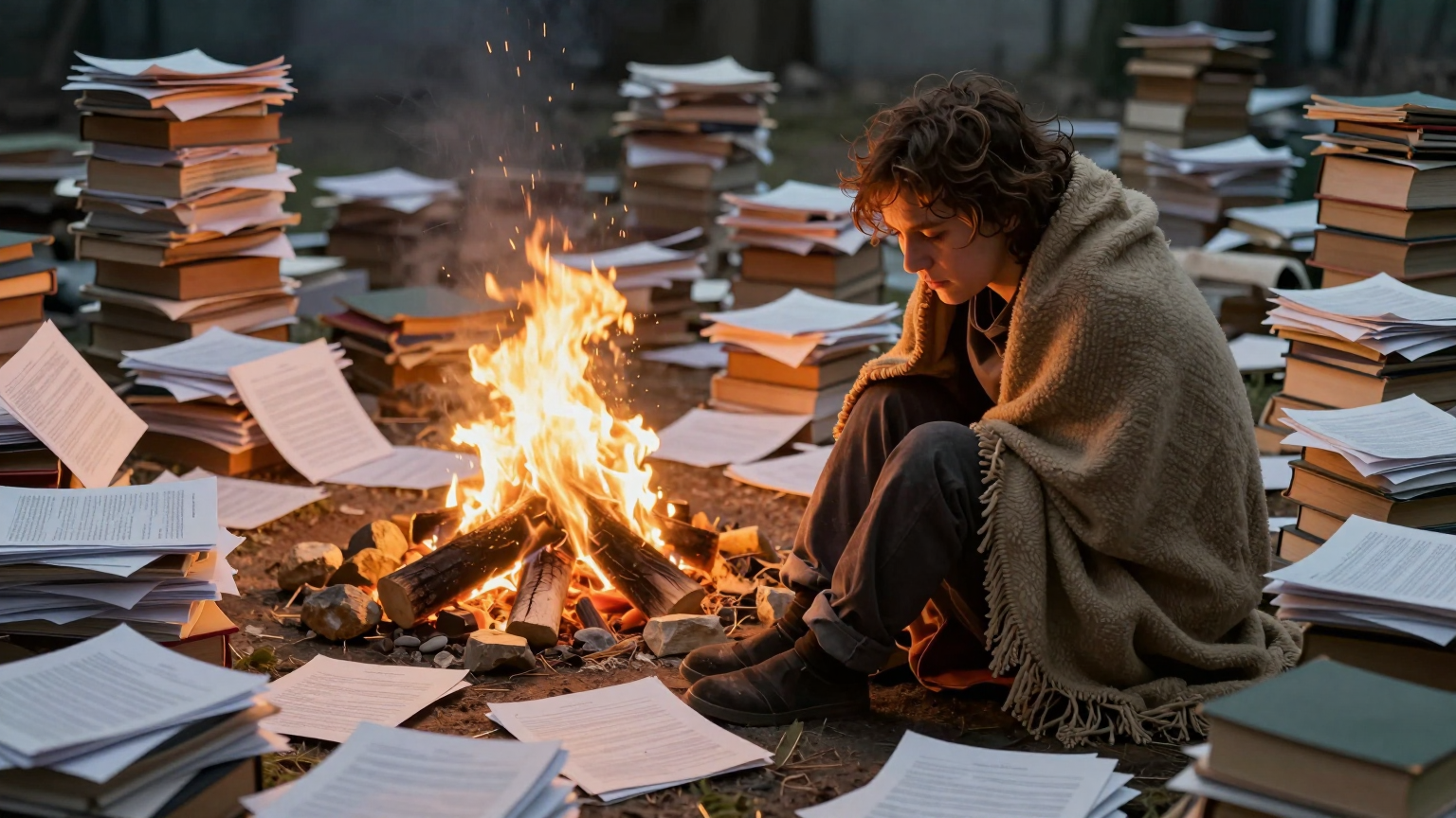A lone figure wrapped in a blanket sits by a flickering fire, surrounded by an endless sea of paperwork, symbolizing the warmth against the cold bureaucratic challenge faced by those deemed medically frail. (AI illustration)