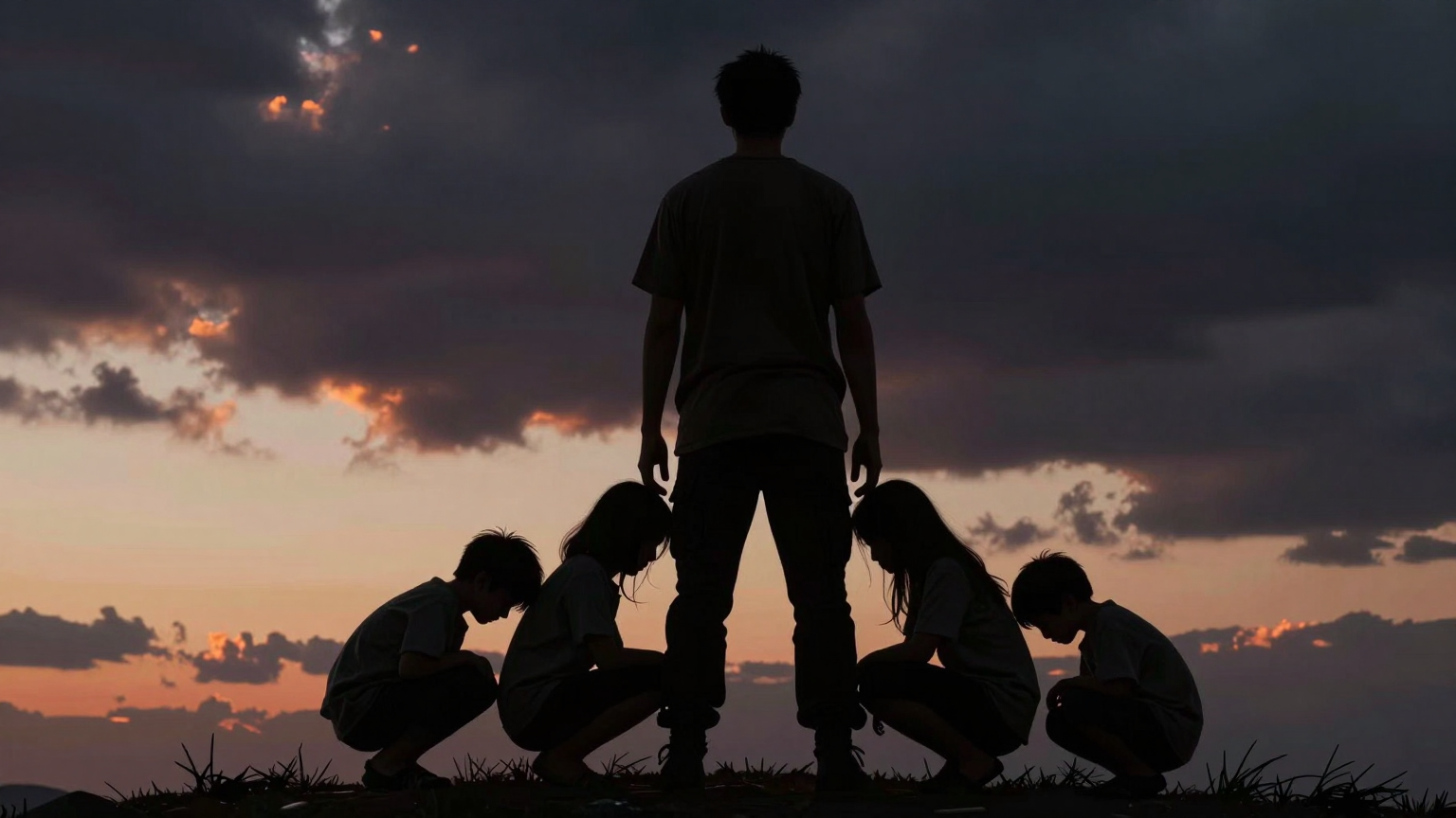 A lone figure stands resolute under the weight of a looming shadow, hands resting on the shoulders of smaller, crouched forms, all silhouetted against the twilight horizon where freedom's light begins to break through. (AI illustration)