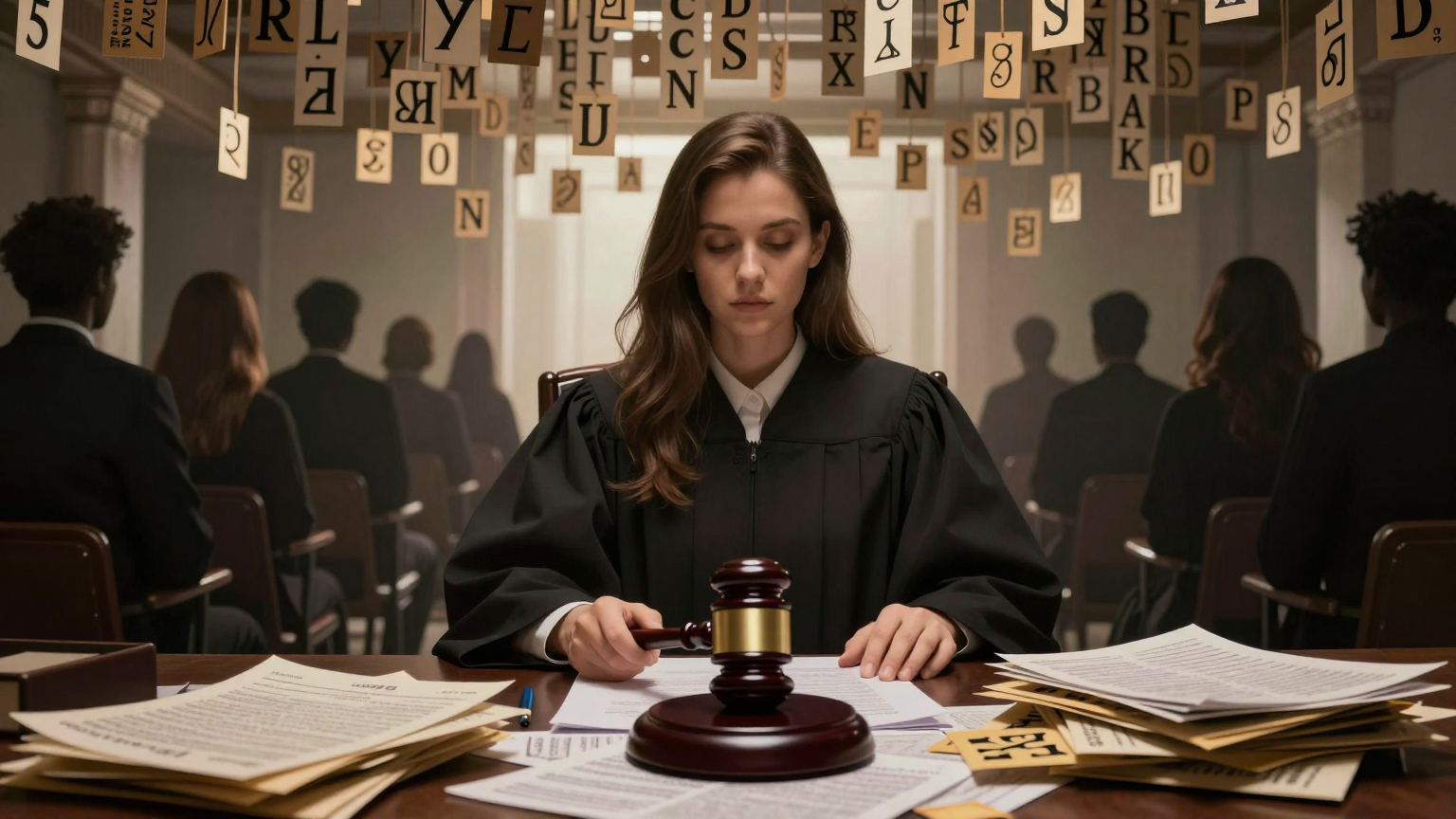 A judge sits beneath a canopy of intertwined letters and numbers, her gavel resting on a pile of mysterious texts and mailers, while silhouettes of people wait outside, shrouded in anonymity, eager for revelation. (AI illustration)