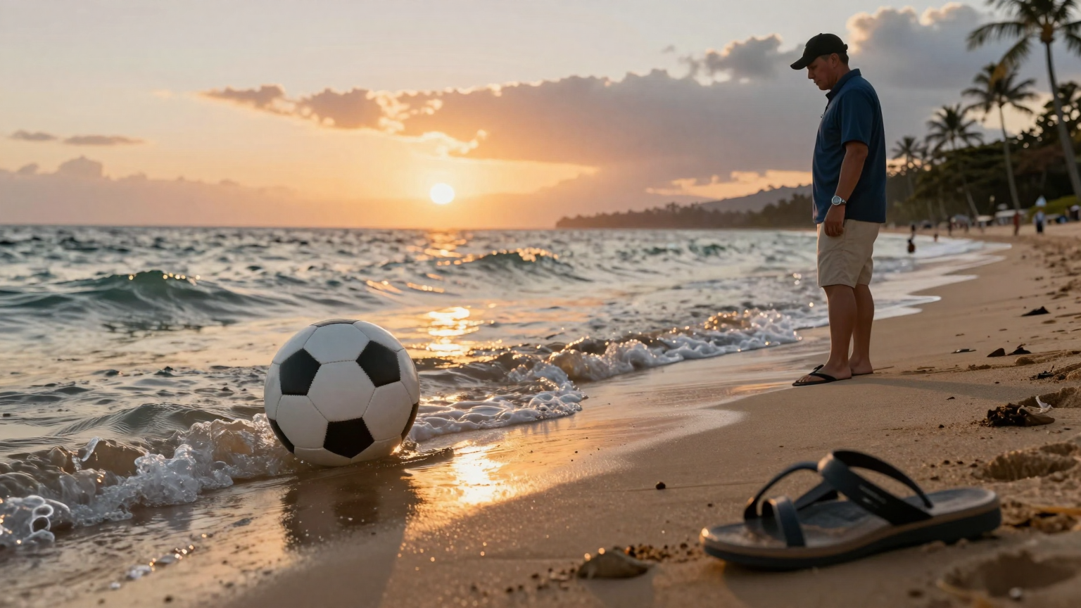 A serene beach at sunset, with a football gently floating on the water near a pair of crossed shoes, symbolizing rest and reflection for the late coach known for his time in Hawaii. (AI illustration)