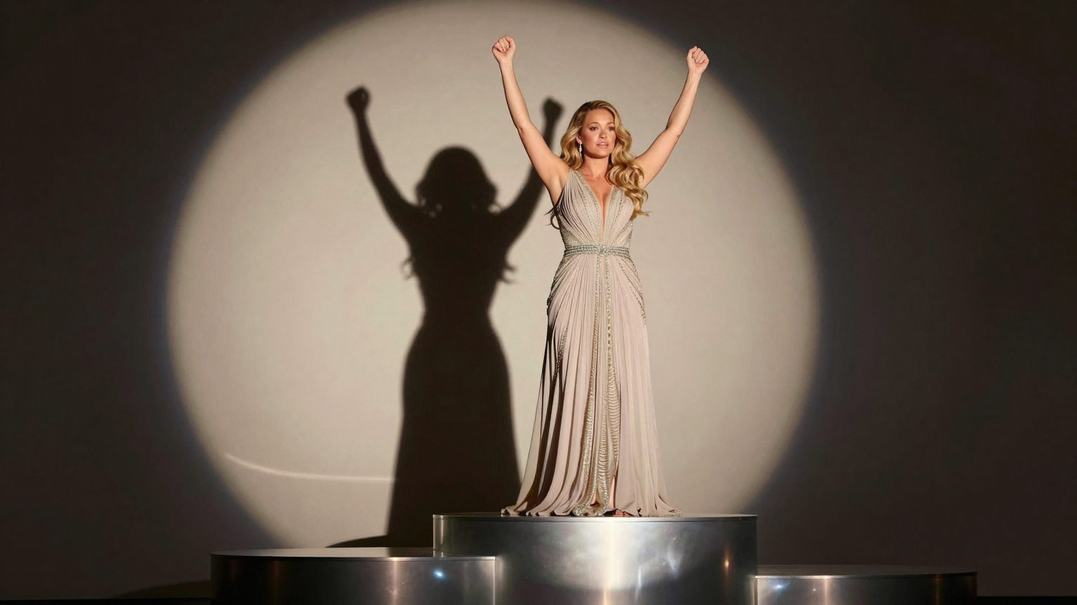 Kelly Clarkson stands atop a gleaming podium, arms raised in victory, yet her shadow splits into two—one ascending, one descending—reflecting both triumph and disappointment. (AI illustration)