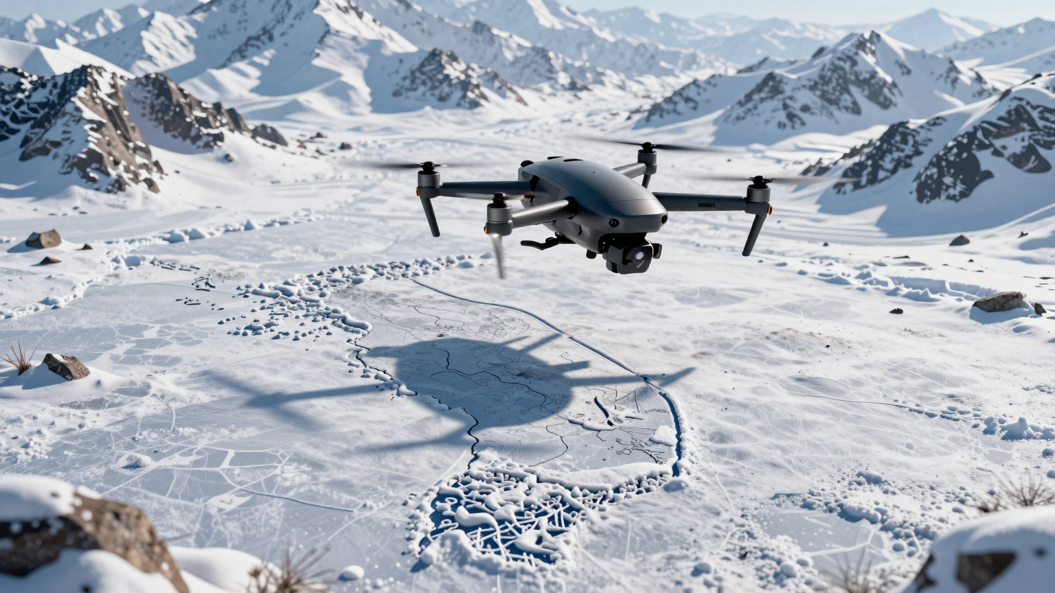 A lone, sleek black drone soars gracefully over a snowy mountain range, casting a shadow on a map etched into the frozen ground below, depicting the divided Korean peninsula. (AI illustration)
