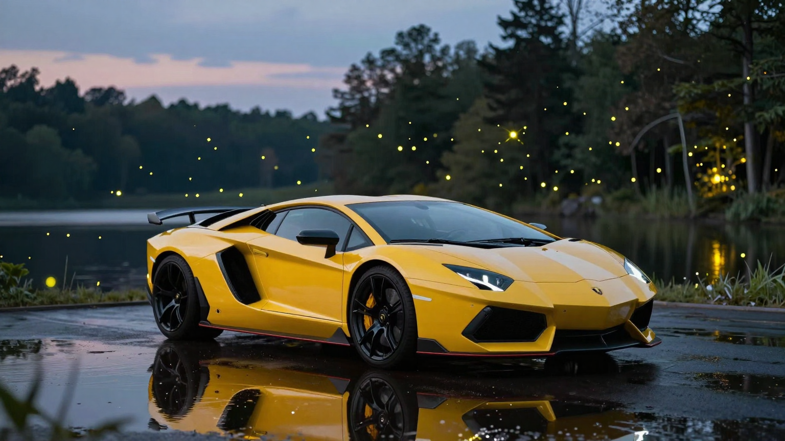 A sleek, two-tone Lamborghini glides beneath an evening sky, its vibrant hues reflected in a tranquil lake, surrounded by a forest where fireflies dance in the gathering dusk. (AI illustration)