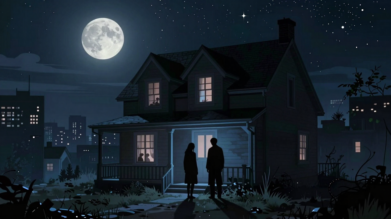 A moonlit cityscape with two shadowy figures standing before a dimly lit house, its windows reflecting a hint of sorrow, surrounded by an eerie silence under the watchful gaze of distant, twinkling stars. (AI illustration)