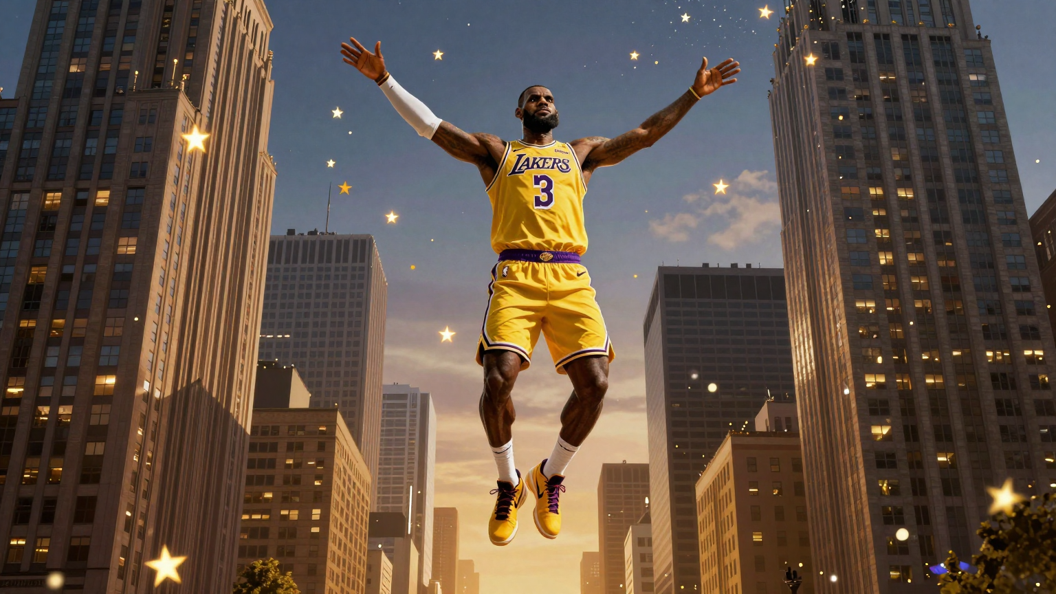 LeBron James soars above a sea of swirling stars, his arms outstretched in triumph as he hovers between two towering cityscapes, one bathed in golden hues, the other shrouded in twilight shadows. (AI illustration)