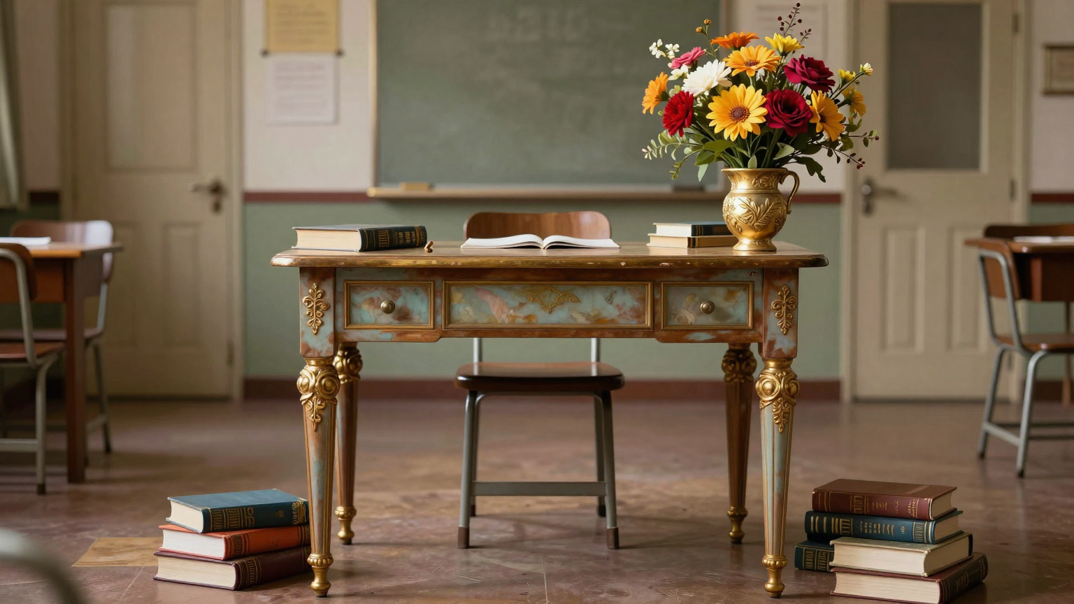 A lone desk, adorned with lavish furnishings and vibrant blooms, stands empty against a backdrop of closed classroom doors and scattered textbooks. (AI illustration)