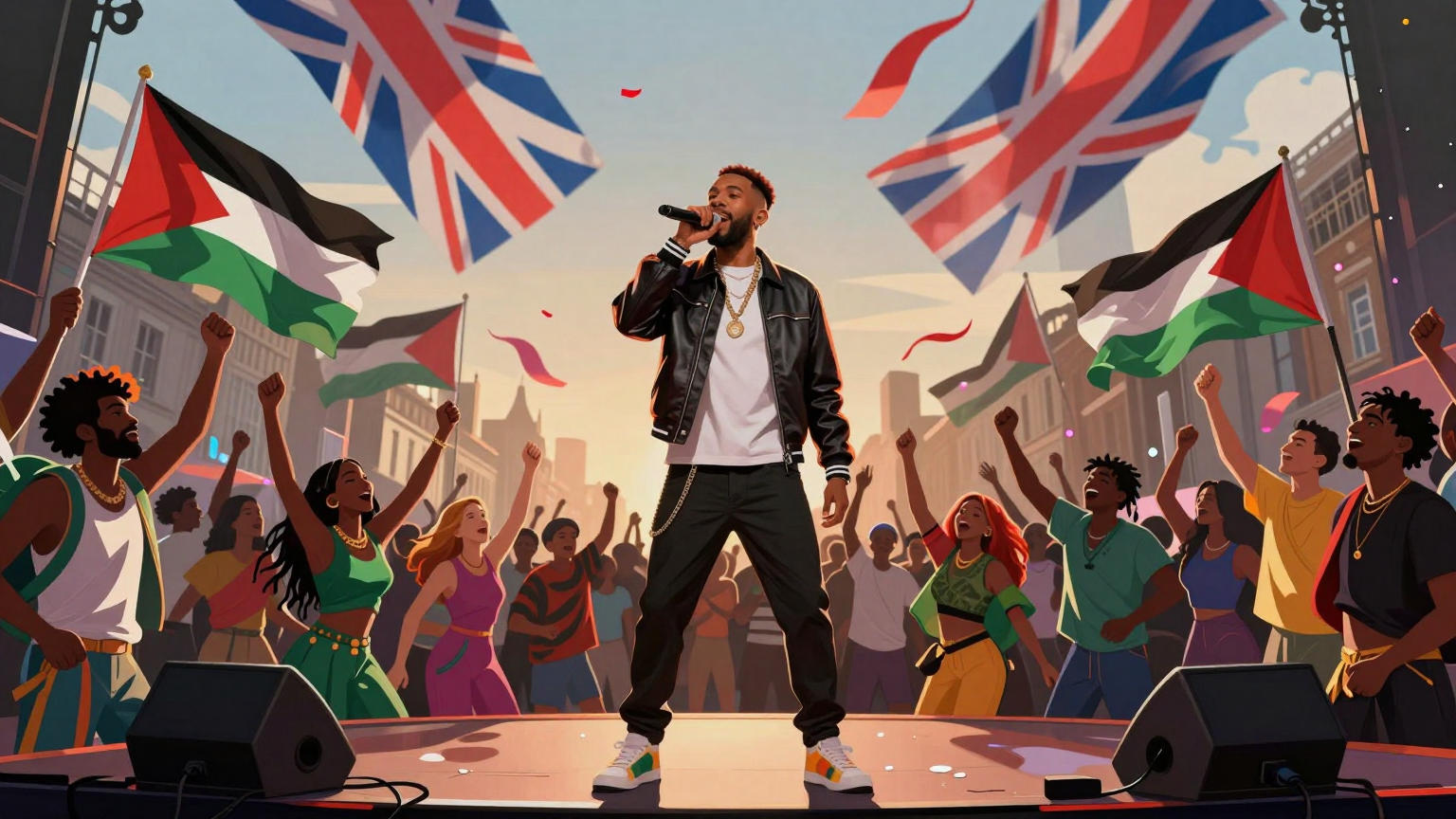Macklemore stands on a London stage under a sky filled with swirling Union Jacks and Palestinian flags, surrounded by a sea of colorful, dancing figures blending joyous celebration with raised fists of solidarity. (AI illustration)