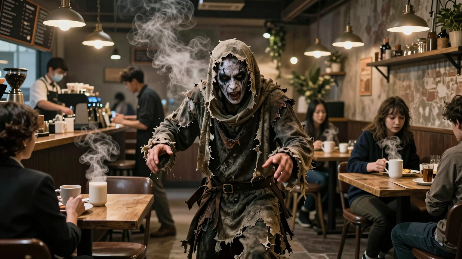 A figure cloaked in tattered fabric and pale makeup stirs chaos within a cozy café, baristas and patrons scattering as steam from mugs mixes with the eerie stillness left by the sudden assault. (AI illustration)