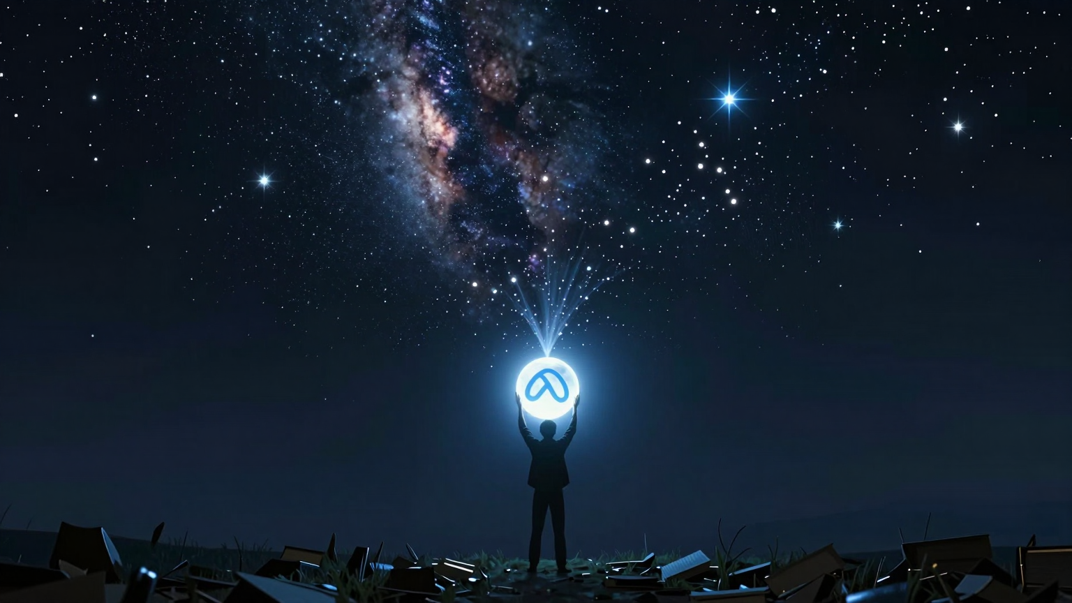 A solitary figure stands alone under the vast canopy of digital stars, holding a glowing orb that drifts away into the night sky, symbolizing the end of a legal battle as Meta settles out of court. (AI illustration)