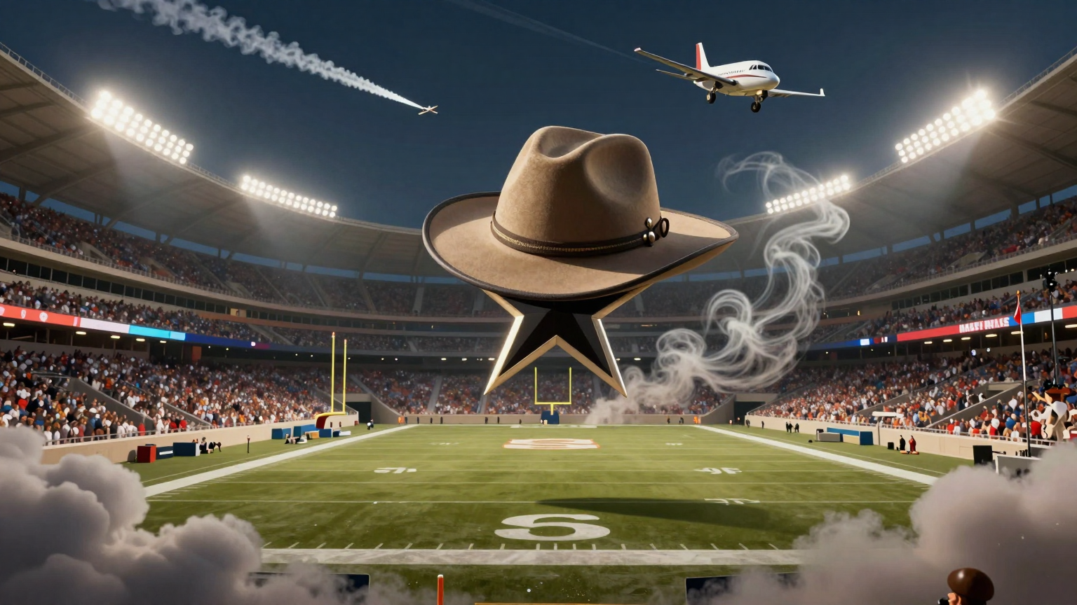 A lone star shines above a vast Texas football stadium, where a pilot's missing Stetson floats gently towards the ground, surrounded by swirling clouds and the trail of a departing airplane. (AI illustration)