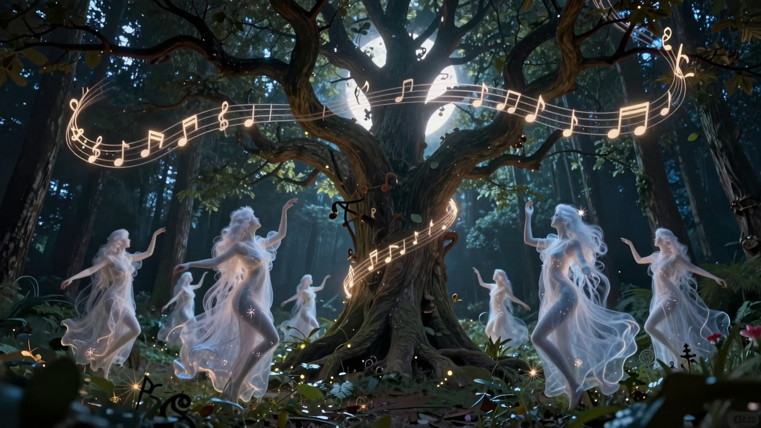 A mystical forest glows under moonlight, where ethereal figures dance around an ancient tree, its branches intertwined with musical notes, symbolizing the harmonious collaboration between artists. (AI illustration)