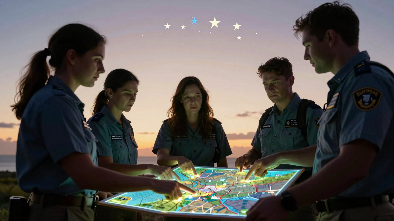 Under a pale Florida sunset, silhouettes of the Nancy Guthrie Task Force gather around a luminescent map, hands pointing towards the unknown, as stars begin to twinkle above. (AI illustration)