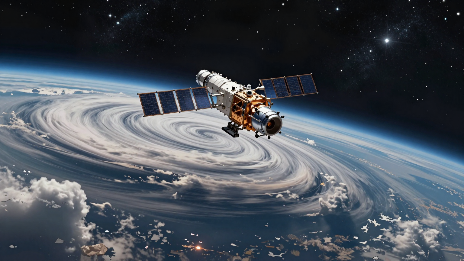 A lone, gleaming satellite drifts silently against a backdrop of stars, its path inevitably leading towards a swirling mass of clouds below, symbolizing the swift's impending return to Earth. (AI illustration)