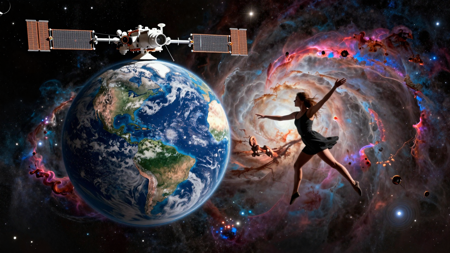 A celestial dance unfolds in the cosmos, with the Hubble Space Telescope suspended between Earth and a vibrant nebula, surrounded by swirling galaxies, symbolizing NASA's quest to extend its groundbreaking observations. (AI illustration)
