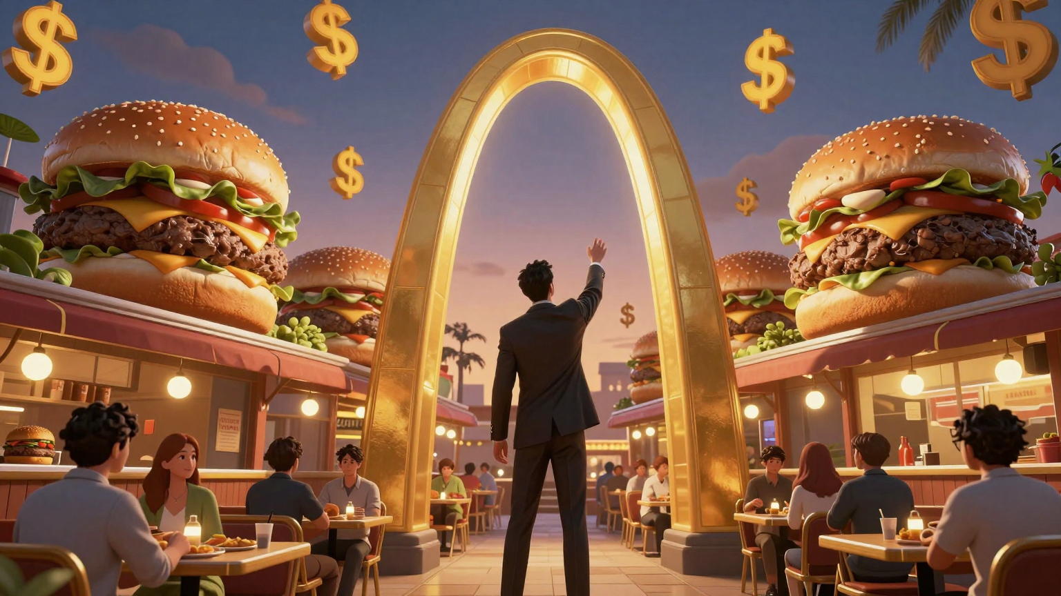 A towering businessman stands before a sea of golden arches, reaching towards a warmly lit, cozy restaurant adorned with oversized images of juicy burgers, under a twilight sky filled with swirling dollar signs. (AI illustration)
