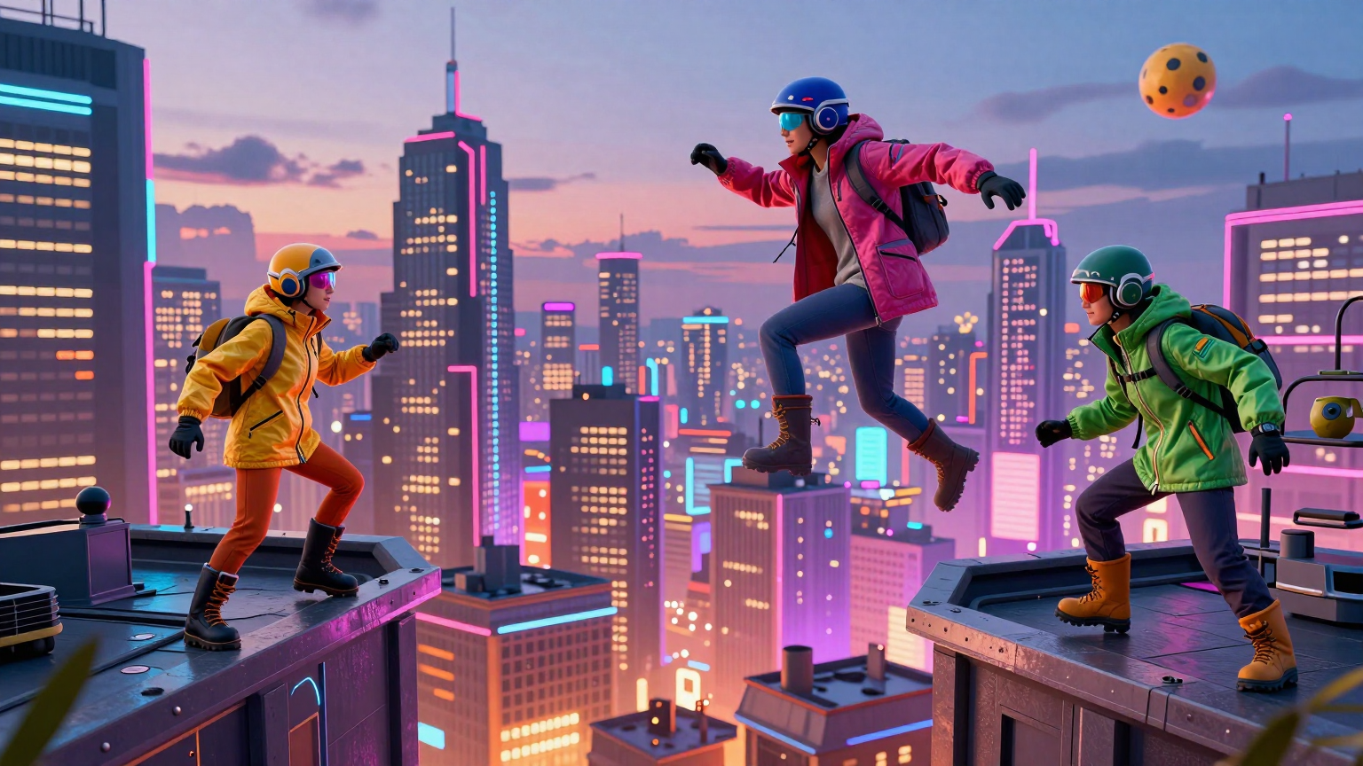 A vibrant, neon-lit cityscape at dusk, where colorful characters in parkas and helmets traverse rooftops and leap between buildings, mirroring the dynamic action of a digital battleground brought to vivid life. (AI illustration)