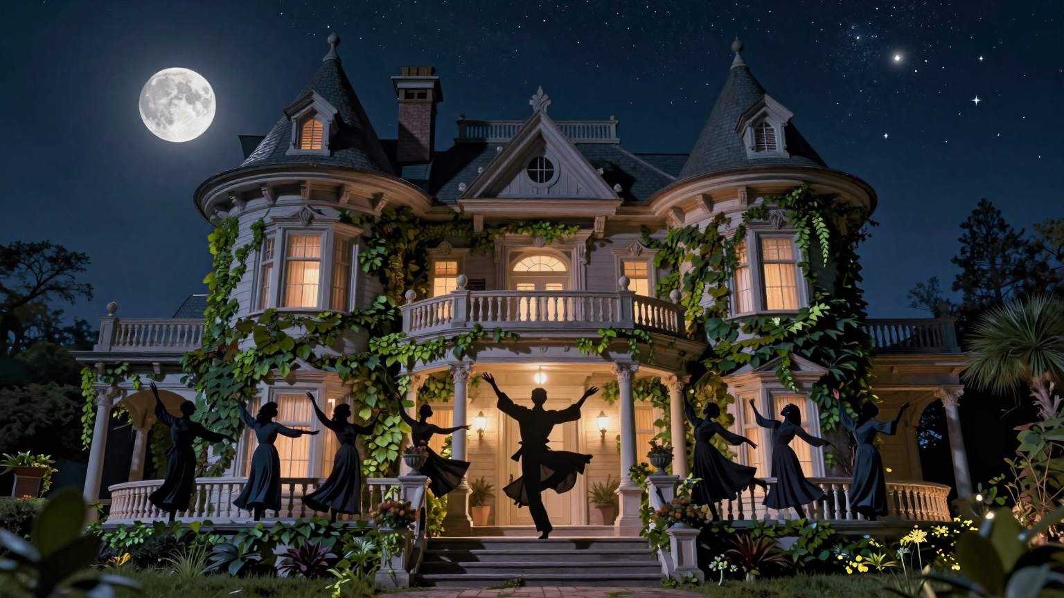 A spectral ensemble dances gracefully on the moonlit balcony of an ancient, ivy-covered mansion, their silhouettes blending harmoniously against the starry night sky, symbolizing the eternal charm and enduring appeal of 'Haunted Hotel'. (AI illustration)
