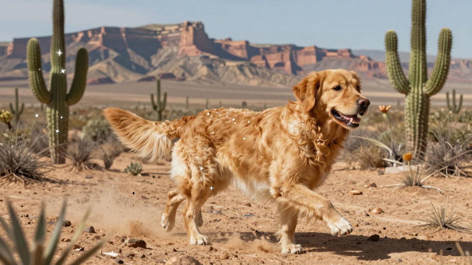 A golden retriever bounds through an idyllic desert landscape, its coat marred by tiny, shimmering stars that twinkle like distant threats against a backdrop of cacti and mesas. (AI illustration)
