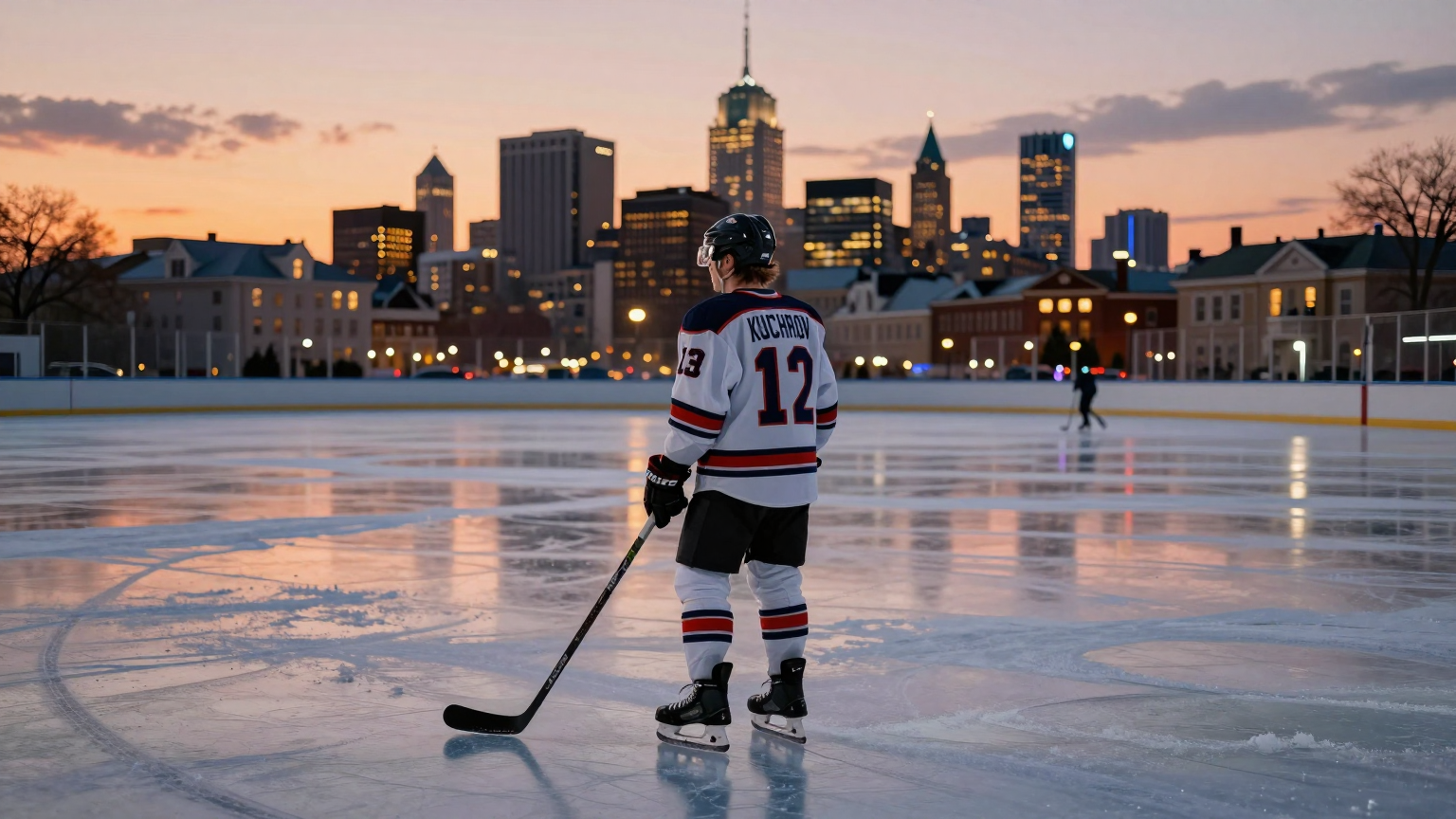 Nikita Kucherov stands alone on a frozen lake at sunset, his skates leaving trails as he gazes towards the distant lights of five gleaming cities, each representing a new hockey home he dreams to embrace. (AI illustration)
