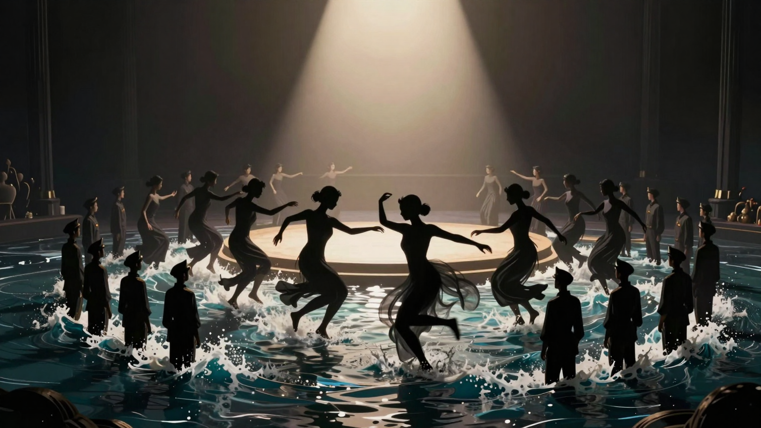 A swirling mass of intertwined figures in dark silhouettes dance around a bright, spotlighted stage, while uniformed figures calmly part the crowd like a gentle tide rolling back to sea. (AI illustration)