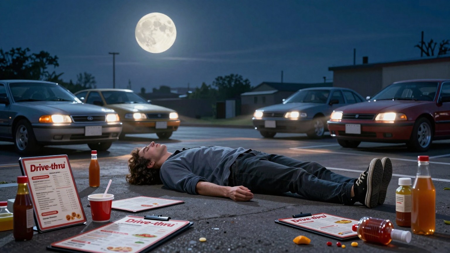 A lone figure lies peacefully under a moonlit sky, surrounded by upturned drive-thru menus and spilled condiments, while cars wait silently in the background, headlights glowing like watchful eyes. (AI illustration)