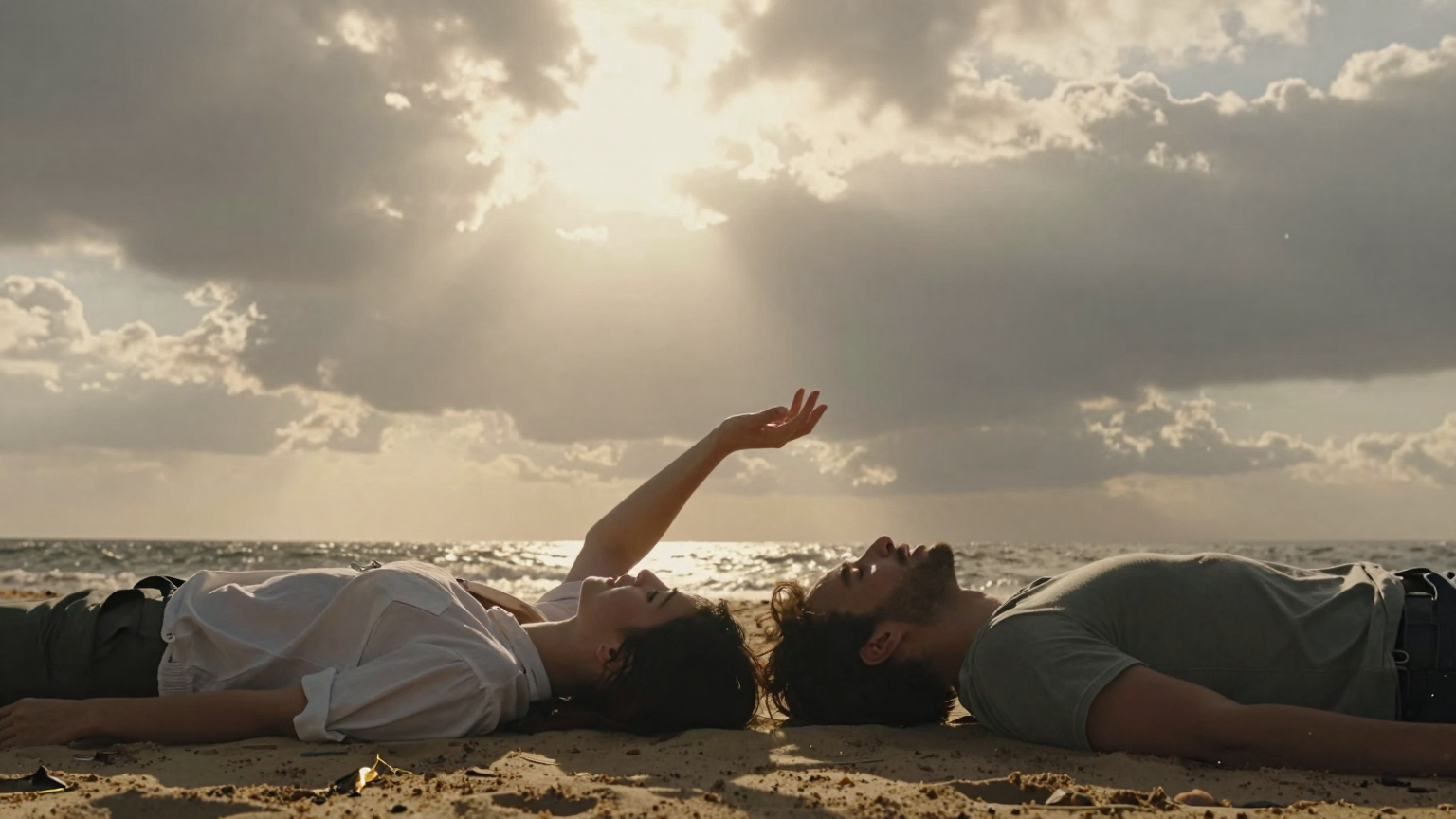 A warm sunbeam pierces through clouds, casting light on two intertwined figures lying on a sandy shore, one hand reaching towards the horizon, symbolizing hope and new beginnings. (AI illustration)