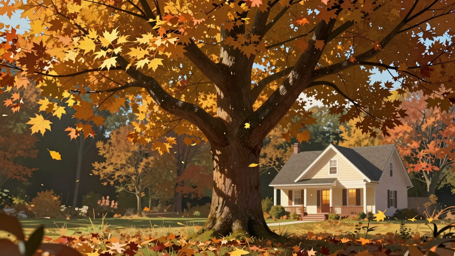 A graceful tree stands tall in an autumnal landscape, its branches heavy with vibrant leaves, one golden leaf floating gently towards a warm, inviting house, symbolizing hope and support in the journey of healing. (AI illustration)