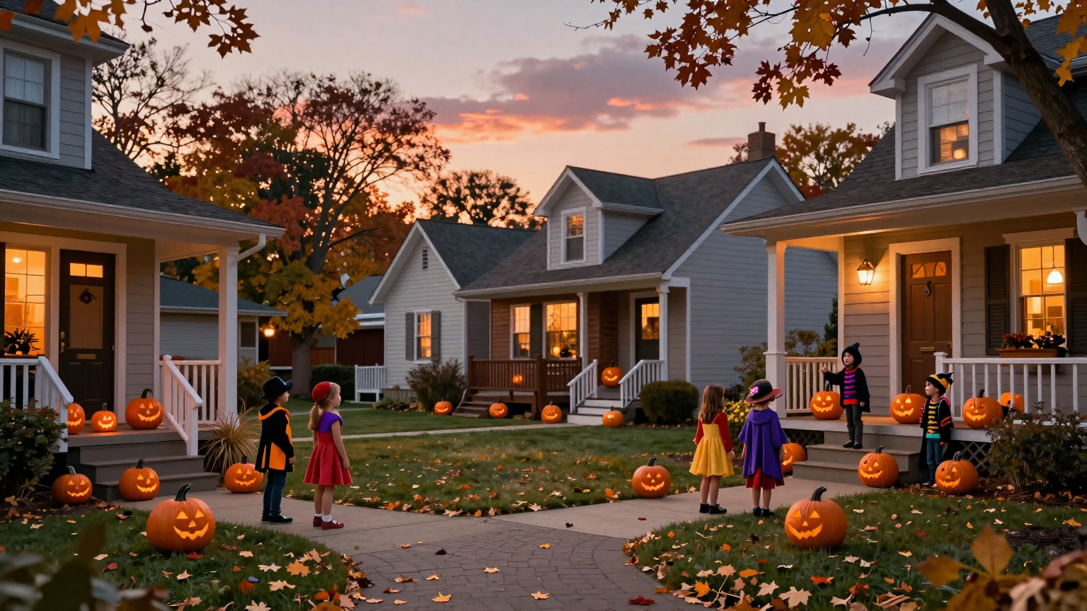 A cozy autumn evening in a charming Northeast Ohio neighborhood, where jack-o'-lanterns line every doorstep and children in colorful costumes wait expectantly at each house, under a sky painted with warm hues of sunset. (AI illustration)