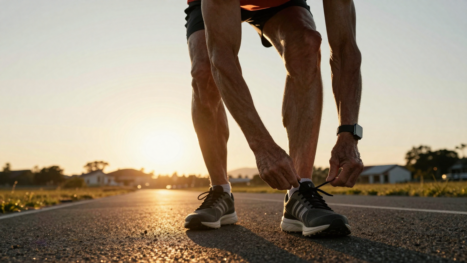 An elderly runner stands silhouetted against the morning sun, lacing up his shoes at the (AI illustration)