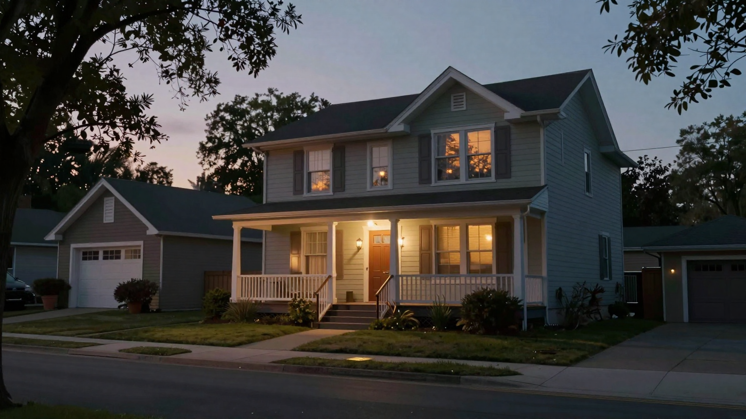 A quiet suburban street at dusk, illuminated by soft porch lights, with shadows of trees dancing on the windows of a familiar two-story home, now eerily still and silent. (AI illustration)