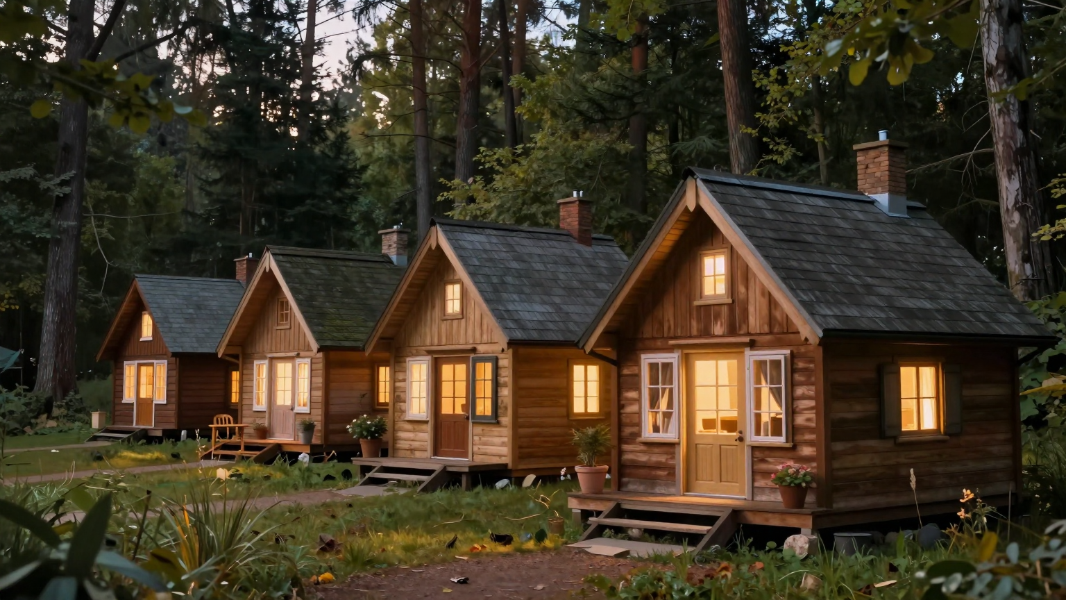 A warm glow emanates from a series of interconnected, cozy cottages nestled in a serene forest, each illuminated window symbolizing safety and hope for those seeking refuge. (AI illustration)